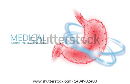 Human healthy stomach recovery system medicine concept. 3D low poly digestion reconstruction technology pharmacy drugstore banner. Health care vector illustration