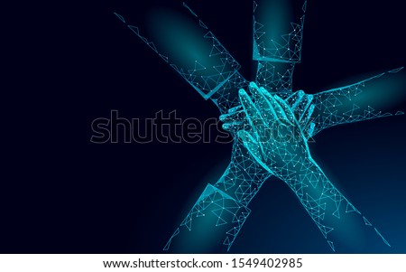 People give five hands together. Team work success supporting professional connections. Hand stack friendship woman united power teamwork achievement partnership. Low poly vector illustration Stock foto © 