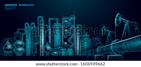 Petroleum oil refinery complex low poly business concept. Finance economy polygonal petrochemical production plant. Petroleum fuel industry will pipeline. Ecology solution blue vector illustration