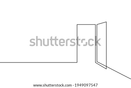 Single continuous line art opened door. New opportunity problem solution concept. Creative teamwork banner design. One sketch outline drawing vector illustration