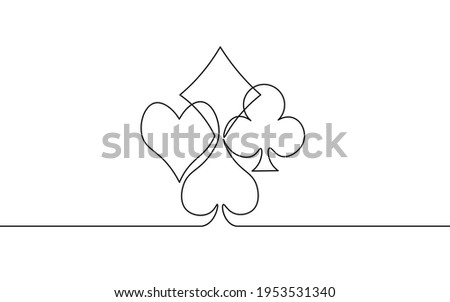 Single continuous line art card suit symbols. Online casino poker game concept silhouette design. One sketch outline drawing vector illustration