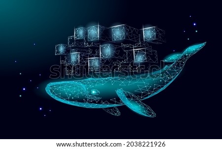 Whale and container computer docker developer app concept. Business digital open source program. Data coding steering 3D low polygonal vector line illustration