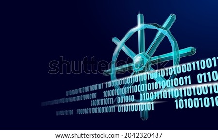 Wheel helm computer developer app concept. Business digital open source program. Data coding steering 3D low polygonal vector line illustration