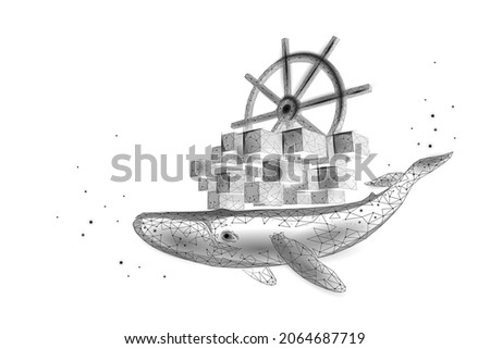 Whale and container computer docker developer app concept. Business digital open source program. Data coding steering 3D low polygonal vector line illustration