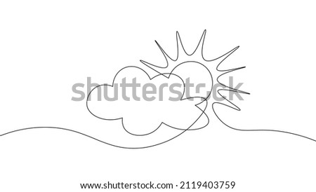 Continuous line sun cloud art. Single line sketch sunny summer travel concept. Icon cloudy sky weather happy holiday vacation element vector illustration