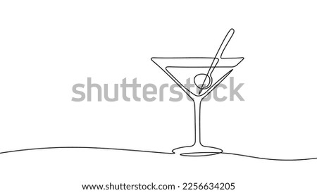 One line continuous cocktail wine glass symbol concept. Silhouette of alcoholic drink vermouth olive. Digital white single line sketch drawing vector illustration