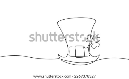 One continuous line St Patrick hat with clover silhouette. Irish holiday spring greeting card concept. Hand drawn sketch doodle leprechaun character part vector illustration