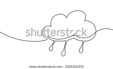 Single continuous line art rainy stormy cloud. Sad emotional cloudy weather lightning design concept. One line sketch outline, vector illustration drawing