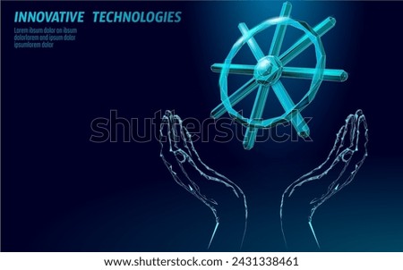 Wheel helm computer developer app concept. Business digital open source program. Data coding steering 3D low polygonal vector line illustration