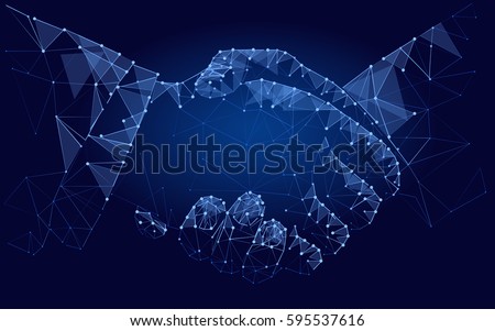 two hands handshake polygonal low poly contract agreement monochrome on a light background.