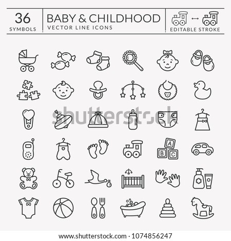 Baby icons set. Outline symbols isolated on white background. Children's toys, food, clothes. Newborn, kid, feeding and care themes. Vector collection. Editable stroke - easy to adjust lines weight.