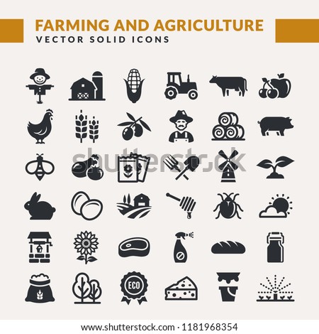 Farming and agriculture web icon set. Vector isolated farm and countryside symbols: cereal crop, fruits, vegetables, natural dairy products, fresh meal, animals, plants, tools, equipment, buildings.