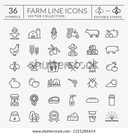 Farming and agriculture line icon set. Vector isolated farm and countryside outline symbols: cereal crop, fruit, vegetables, dairy products, fresh meal, animals, plants, equipment. Editable stroke.