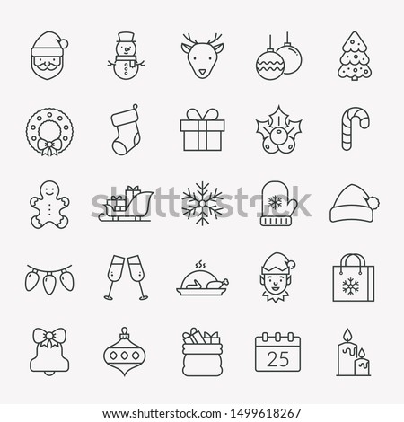 Christmas and New Year line icons set. Outline vector collection for Xmas and Season's Greetings themes. Isolated winter holiday symbols - Santa, Elf, snowman, Christmas tree, snowflake, deer, etc.