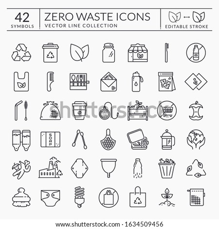 Zero waste line icons. Outline symbols isolated on white background. Recycling, reusable items, plastic free, save the Planet and eco lifestyle themes. Editable stroke. Vector collection.