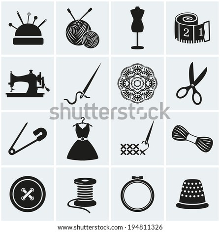 Set of sewing and needlework icons. Collection of design elements. Vector illustration.