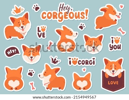 Corgi sticker set. Funny puppies, hand drawn lettering and other elements - bone, crown, footprint, etc. Different poses - dog is standing, running, sitting in a pocket, back view of cute butt. Vector