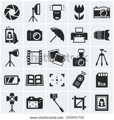 Photo icons. Set of 25 black symbols for a photographic theme. Vector collection of silhouette elements.  