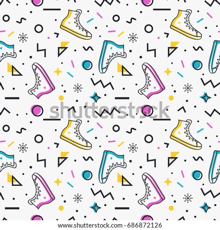 Stylish seamless pattern with sneakers and abstract geometric shapes in memphis style. Trendy vector background in white, blue, pink, yellow and black colors.