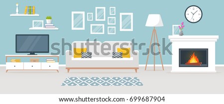 Modern interior of the living room. Vector banner. Design of a cozy room with sofa, TV stand, fireplace and decor accessories.