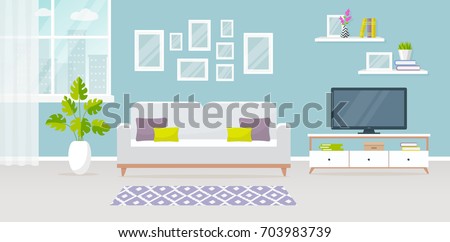 Modern interior of the living room. Vector banner. Design of a cozy room with sofa, TV stand, window and decor accessories.