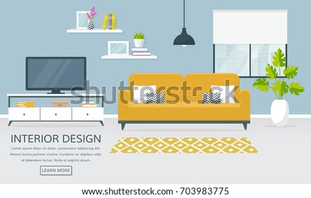 Interior of the living room. Vector banner with place for text. Design of a cozy room with sofa, TV stand, window and decor accessories.