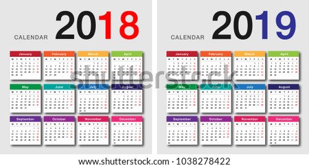 Colorful Year 2018 and Year 2019 calendar horizontal vector design template, simple and clean design. Calendar for 2018 and 2019 on White Background for organization and business. Week Starts Monday. 商業照片 © 