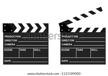 Two movie clappers open and close isolated on white background. Shown slate board.Realistic movie clapperboard. Clapper board isolated with clipping path included. image for object and illustration