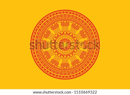 Symbol of Buddha teachings on the path to enlightenment. Dharma Wheel, Dharmachakra. Flag of Buddha