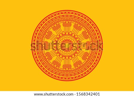 Symbol of Buddha teachings on the path to enlightenment. Dharma Wheel, Dharmachakra. Flag of Buddha