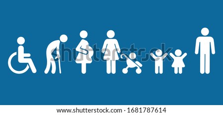 Symbol Priority Disable Passenger Elderly passenger Pregnant Old man Woman with infant child baby orthopedic wheelchair crutches mobility Human vector sign. Disabled toilet symbol. Priority seating .