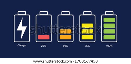 Battery icon set. Vector illustration. Discharged and fully charged battery smartphone. Set of battery charge level indicators. Icon isolated on black background. Vector info graphic.