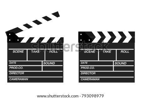 Two movie clappers open and close isolated on white background. Shown slate board.Realistic movie clapperboard. Clapper board isolated with clipping path included. image for object and illustration