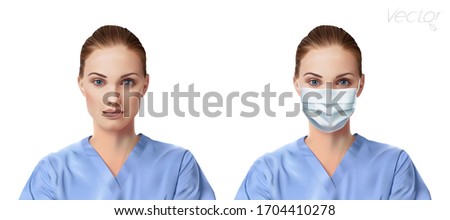 Vector illustrations with woman, doctor or nurse portrait in blue medical robe, who is wearing security face mask, and without face mask.