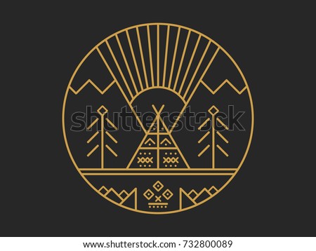 Wigwam, mountains, sun, fire, trees. The coin design or logo Photo stock © 