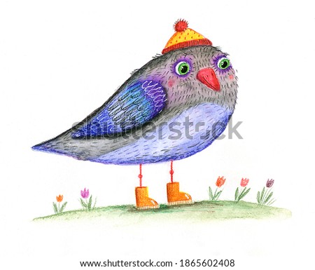 watercolor illustration a bird in a hat