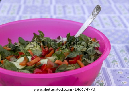 salad pepper cucumber onion tomato salad leaves spoon tablecloth bowl of pink red green blue striped mixed