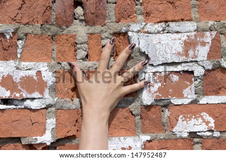 hand pressed against the brick wall women palm fingers manicure ring gold nails red brown white