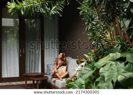 Similar – Foto Bild Frau genießt erholsame Sommerferien in einem authentischen Bungalow eines Campingdorfes unter mediterranen Kiefern, Palau, Sardinien, Italien.