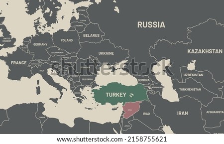 Turkey and Syria map on world map. The borders of Turkey and Syria are colored. It looks different from other countries. War and Immigration problem