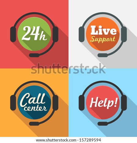 Call Center / Customer Service / 24 hours Support Flat Icon set for App / Web / UI / Button / Interface design