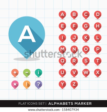 Set of A-Z Alphabet Pin Marker Flat Icons with long shadow for GPS or Map