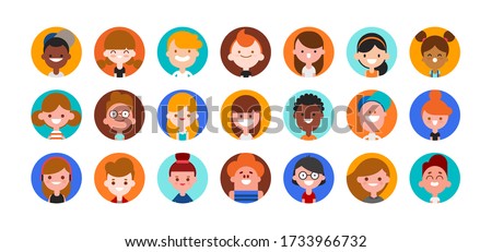 Teens and kids avatar collection. Cute children, boys and girls faces, Colorful user pic icons. Flat design style cartoon illustration isolated on white background.