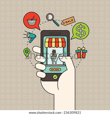 colorful illustration with outline e-commerce icons and smart phone in hand with digital marketing online shopping concept