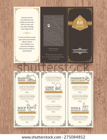 Vintage Restaurant menu design pamphlet vector template in A4 size Tri fold 