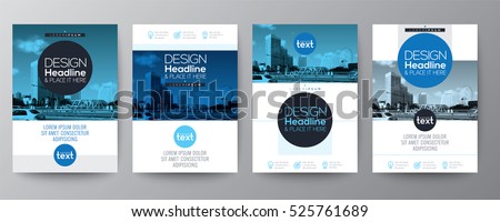 collection of poster flyer brochure or annual report cover layout design template with blue circle shape graphic elements and space for photo background