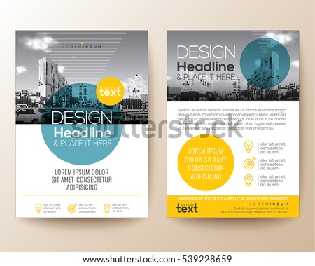 poster flyer pamphlet brochure cover design layout with circle shape graphic elements and space for photo background, blue and yellow color scheme, vector template in A4 size