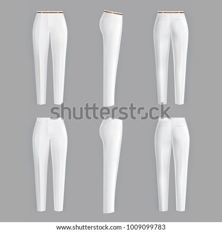 Vector realistic white trousers for women isolated on gray background. Formal, straight female pants 3d illustration. Two models, clean and ironed, with belt and without it. Mockup for your design