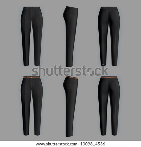 Vector realistic black trousers for women isolated on gray background. Formal, straight female pants 3d illustration. Two models, clean and ironed, with belt and without it. Mockup for your design