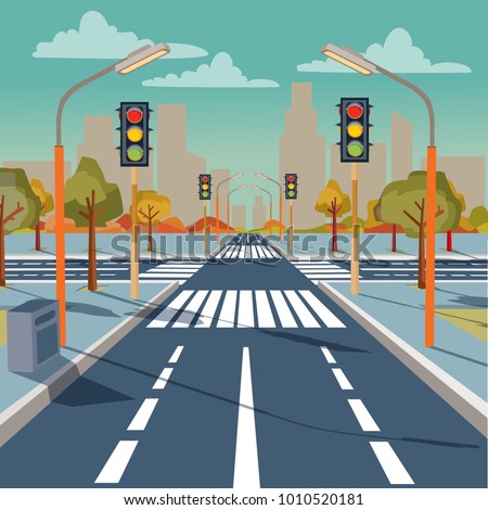 Vector illustration of city crossroad with traffic lights, road markings, sidewalk for pedestrians, without any cars and people. Cityscape, empty street, highway, urban concept in flat style